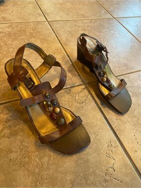 Nine West Brown Gem-Embellished Wedge Sandals